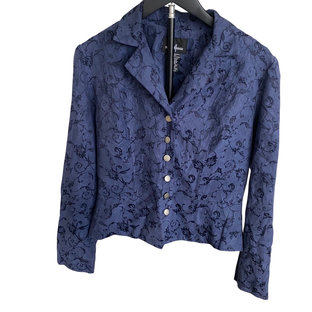 Positive Attitude Womens Blue Damask Floral Faux Suede Blazer Jacket Size 10